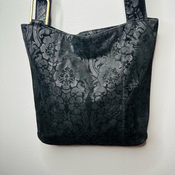 Genuine Leather Gold Zip Black Floral Design Crossbody Strap Bag - Picture 1 of 13